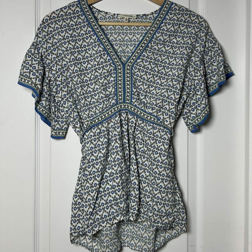 Max Studio 100% Rayon Blue Sage Floral V-Neck Kimono Sleeve Waist Tie Blouse